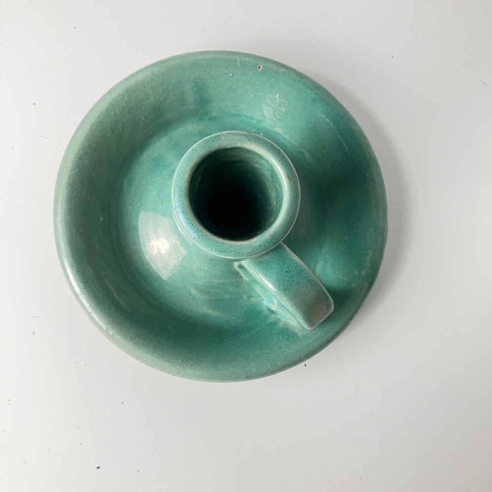 Bybee Pottery Chamberstick Candle Holder 5in Turquoise Green BB Stamped Vintage - Picture 2 of 6